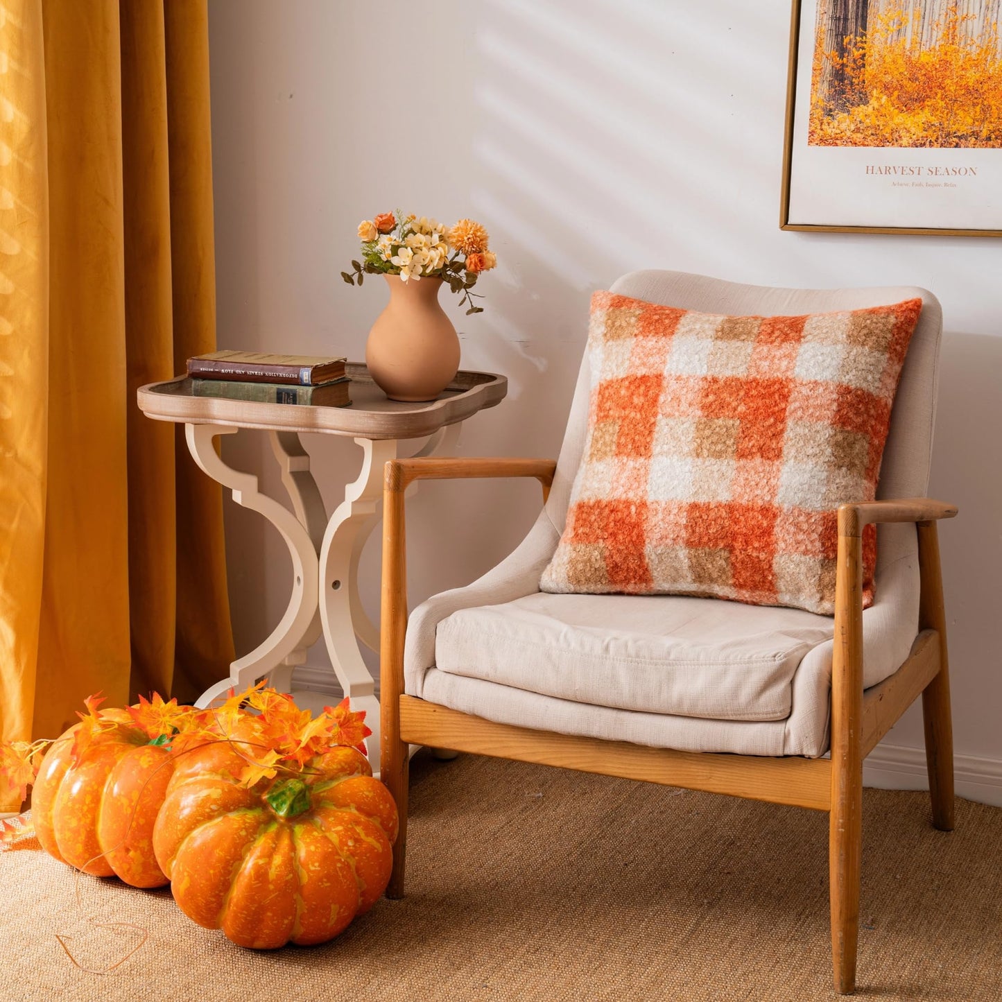 AQOTHES Orange Plaid Fall Throw Pillow Covers 18x18 Inch Set of 2, Boucle Decorative Pillow Covers,Cozy Fluffy Home Living Room Farmhouse Decor for Sofa Couch Bed