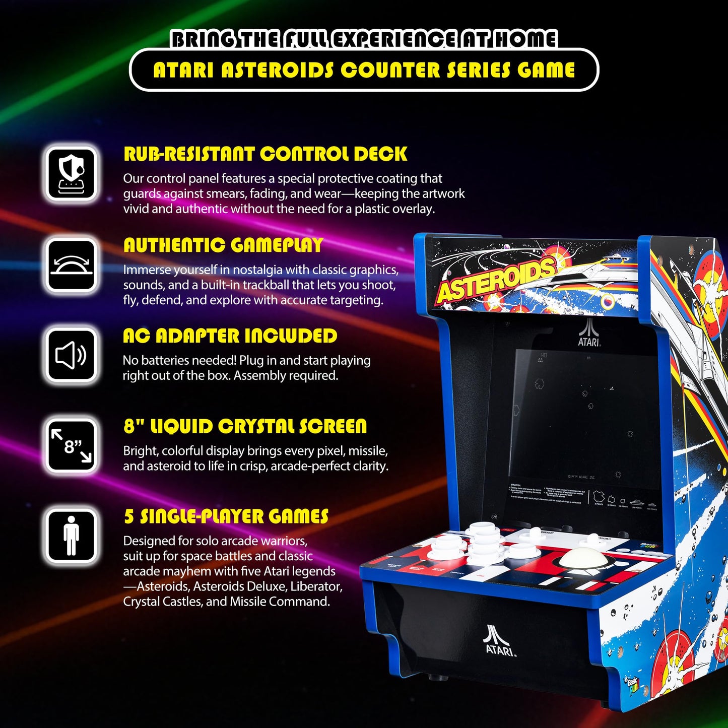 Arcade Classics - Atari Asteroids Counter Series Game Machine, 5 Games, 8" Liquid Crystal Screen - Mini Cabinet, Portable Gaming, Retro, Countertop Console, Basement Decoration, Man Cave