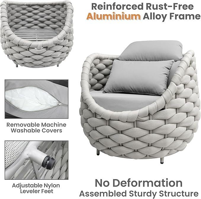 Erotr 4 Pieces Woven Rope Patio Conversation Set: Rustproof Aluminum Frame, Weather Resistant, Thick Cushions, No Assembly, Easy to Clean, Comfy Outdoor Sofa Set for Porch Deck Yard Hotel - Gray