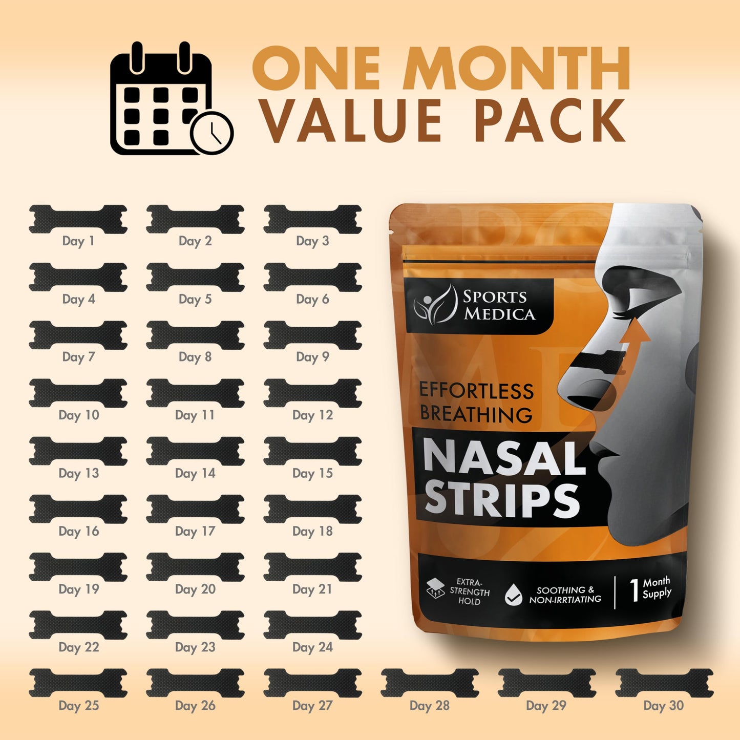 Sports Medica Nasal Strips for Snoring, Snoring Solution Nose Strips for Breathing Support, Comfortable Strong-Adhesive Tape for Better Sleep and Night Time Relief, 30 Count