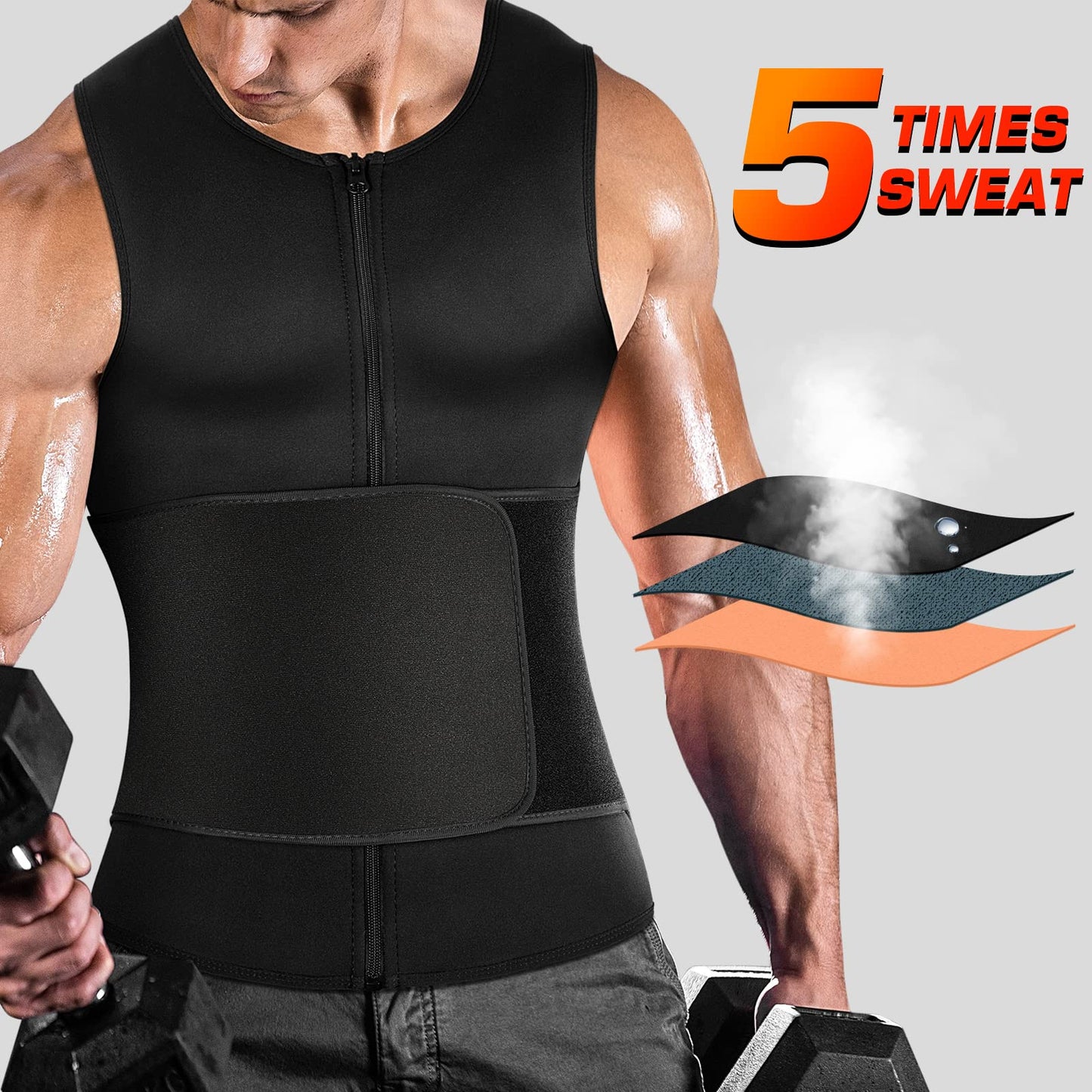 Cimkiz Mens Sweat Sauna Vest for Waist Trainer Zipper Neoprene Tank Top, Adjustable Sauna Workout Zipper Suit (Black, Large)