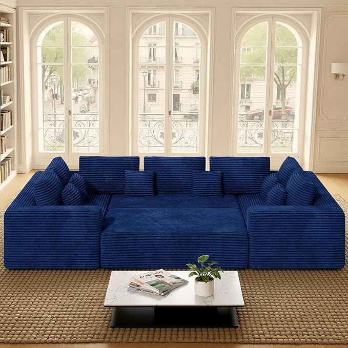 136'' Large Sectional Cloud Couches with Chaise, U Shaped Boneless Sofa Bed with Ottoman, No Assembly Required Deep Seat Modular Lounge for Living Room 4PCS Set, Bedroom(Blue)