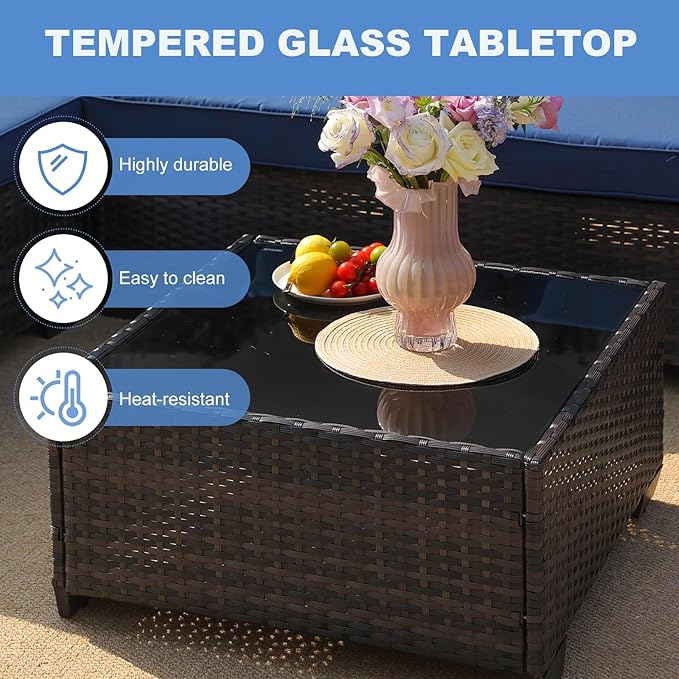 SunloungeCo Patio Furniture Set, 8 Pieces Outdoor Couch Sofa with Wider Armrests & Glass Coffee Table, Outdoor Sectional Furniture with Thick Cushions for Party, Poolside,Garden-Navy
