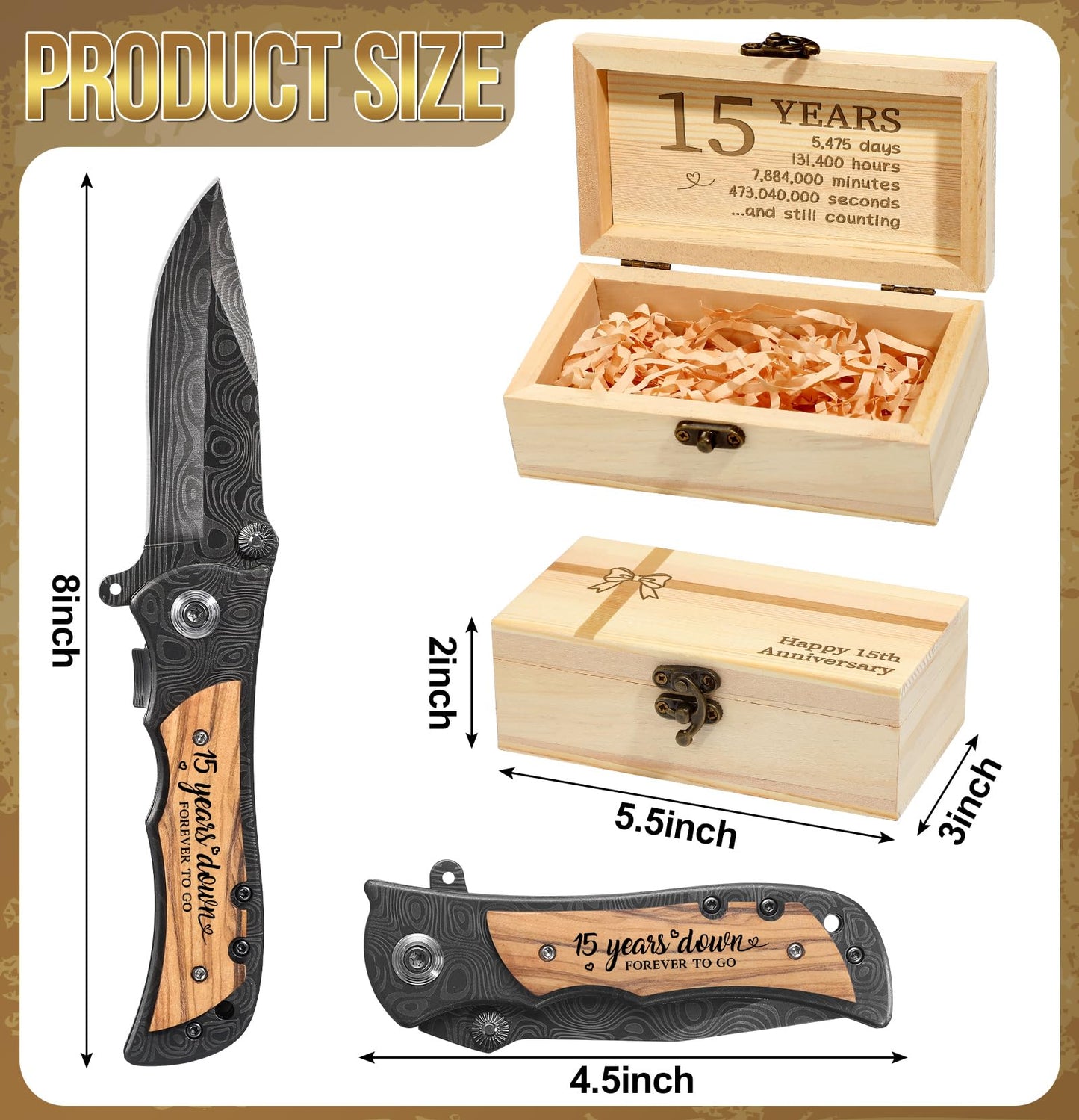 Lanties 15 Years Anniversary Keepsake Gifts for Him Engraved Pocket Knife with Gift Box Happy Tin Anniversary Customized Wedding Birthday Father's Day Gifts for Men Husband