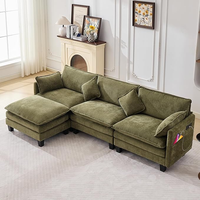 Opiesit 108" Modular Sectional Couches for Living Room with Ottoman, L Shaped Cloud Couch with Charger, USB & Type-c Port, Comfy 4 Seats Sofas with Deep Seat, Chenille Fabric, Green