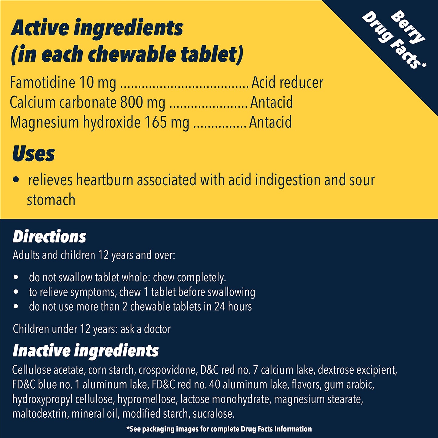 Pepcid Complete Acid Reducer + Antacid Chewables, 10mg Famotidine, 800mg Calcium Carbonate & 165mg Magnesium Hydroxide per Heartburn Medicine Tablet, Berry Flavored, 70 ct