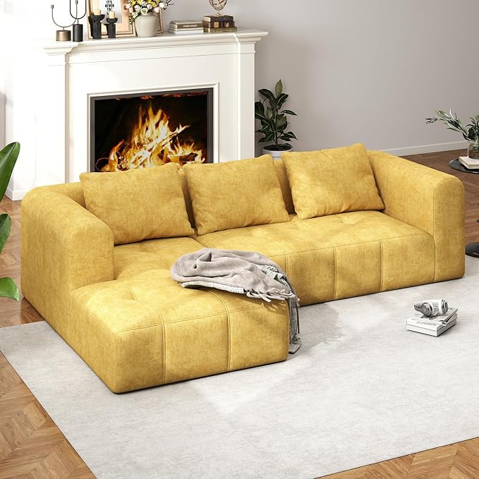 105" Modular Sectional Sofa, Boneless couch for Living Room, Cloud Sectional Couch with Deep Seat, L-Shape Sofa, Upholstered Couches for Living Room Bedroom, No Assembly Required, Yellow (Slub Fabric)