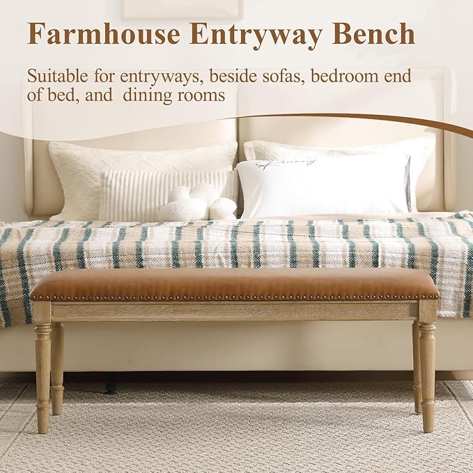 DM Furniture 46'' French Country Entryway Bench Wooden Faux Leather Upholstered Seat Dinng Bench with Nailhead Trim for Hallway End of Bed, Brown