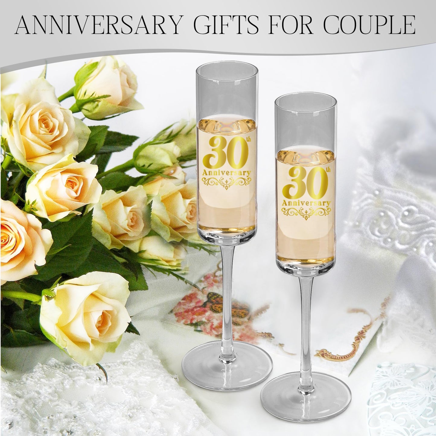 JNDJE 30th Wedding Anniversary for Couple, 30th Anniversary Champange Glasses for Parents, 30th Wedding Anniversary Champange Flute Gift for Grandparents, 30 Years of Anniversary Present