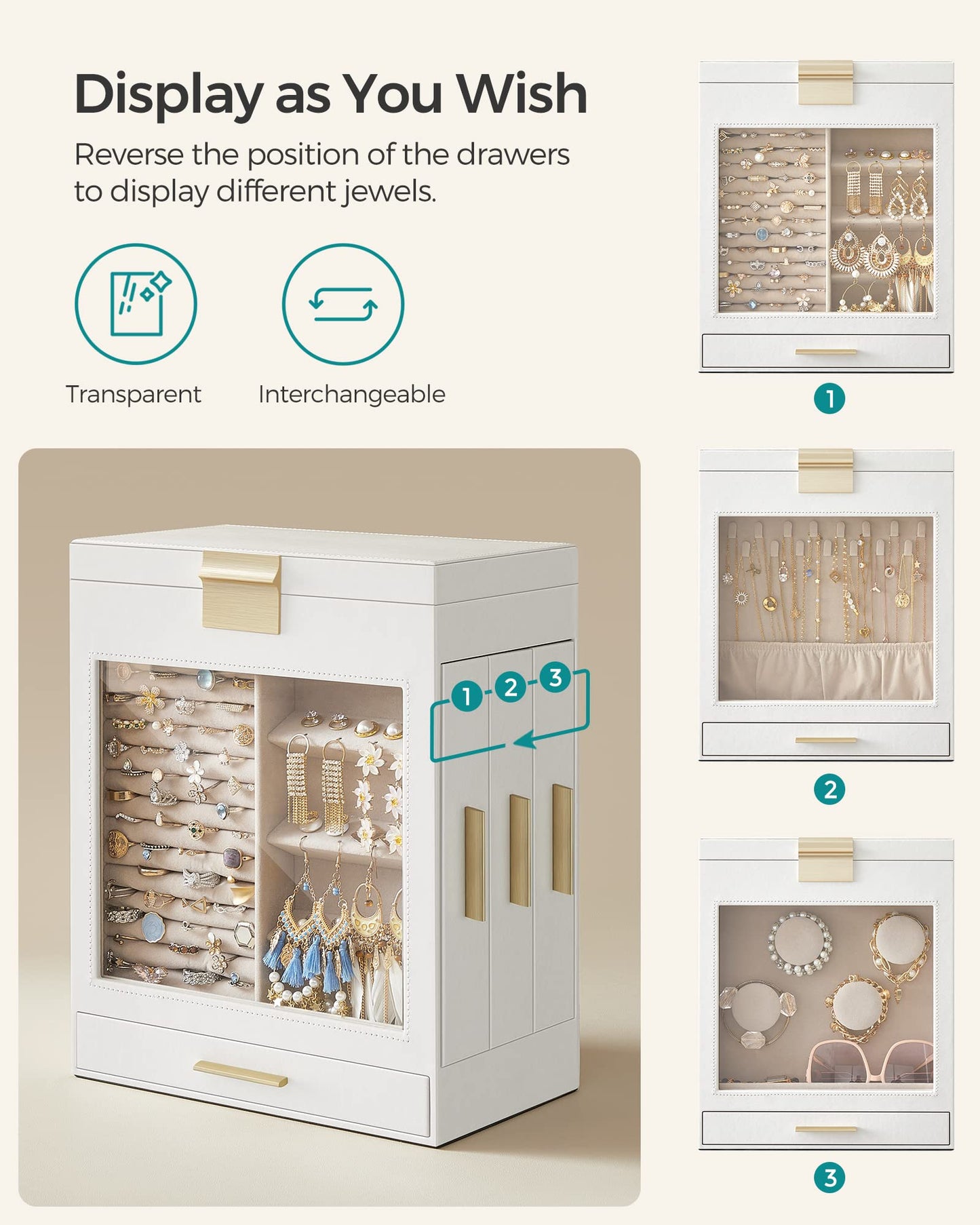 SONGMICS Jewelry Box with Glass Window, 5-Layer Jewelry Organizer with 3 Side Drawers, Jewelry Storage, with Big Mirror, Modern,