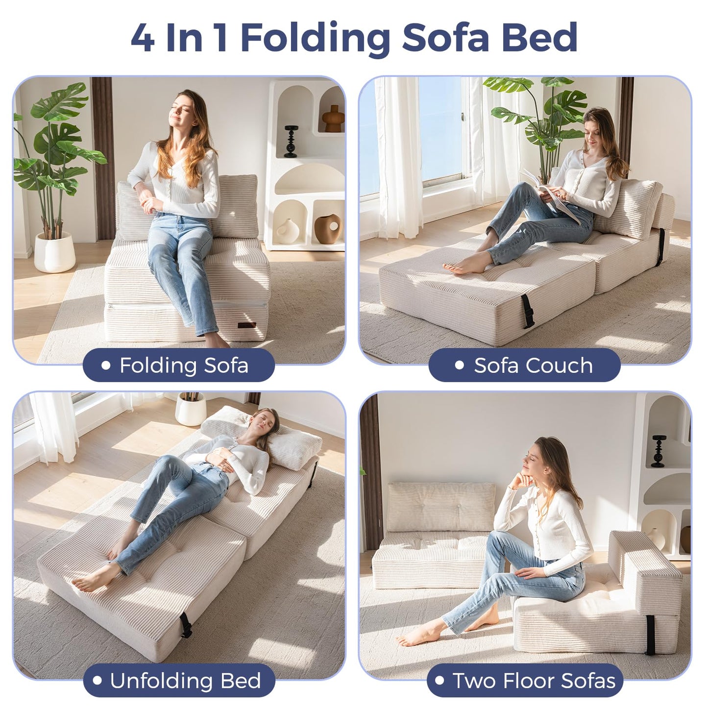 MAXYOYO Folding Sofa Bed, Convertible Sofa Bed with High-Density Support Foam, Portable 4 in 1 Fold Out Chair to Floor Lounger, Versatile Floor Couch for Living Room Bedroom, Beige