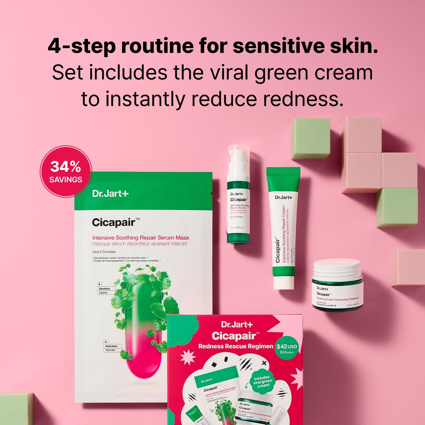 Dr.Jart+ Cicapair Redness Rescue Regimen Korean Skin Care Set with Centella Asiatica | 4 Piece Travel Size Value Gift Set