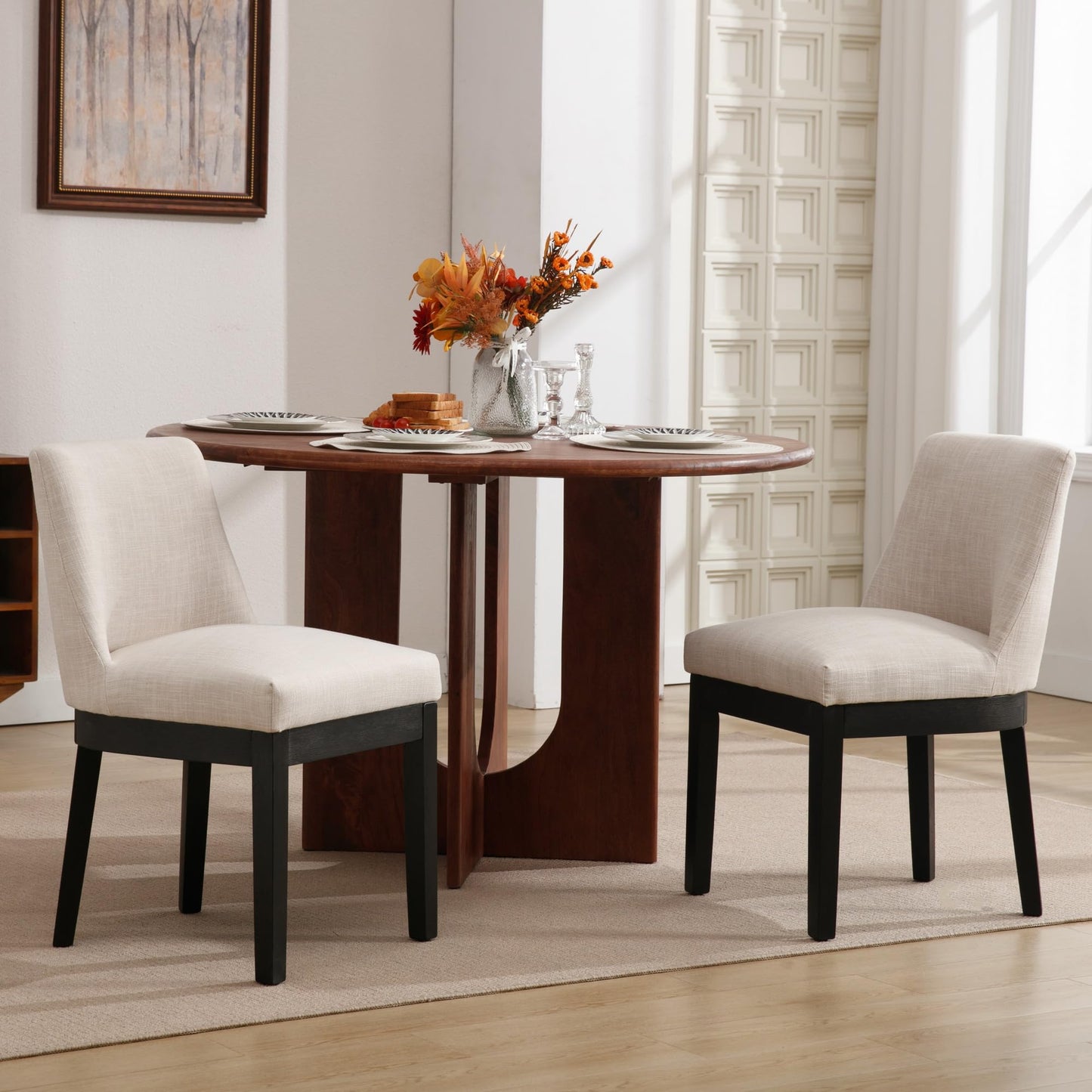 BESTANO Modern Dining Chairs with Black Wood Legs Set of 2, Linen Fabric Upholstered Dining Room Chairs Kitchen Side Chairs with Back, Beige