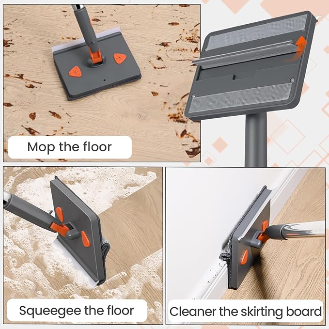 Baseboard Cleaner Tool with 84" Long Handle, 360° Wall Mop with Triangle & Rectangle Heads & 8 Reusable Pads for Baseboard, Wall, Ceiling Cleaning