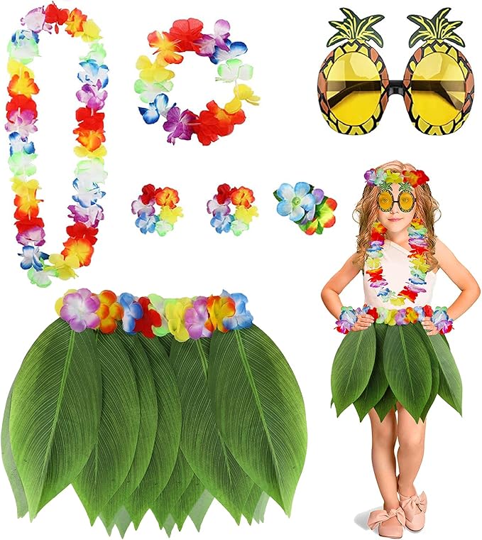 PHOGARY 7 Pack Hawaiian Flower Leaf Hula Skirt Costume Accessory Kit for Hawaii Luau Party