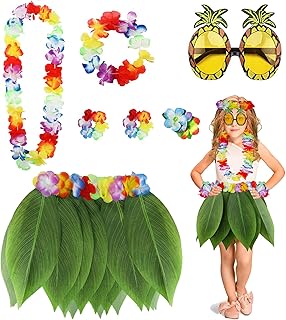 PHOGARY 7 Pack Hawaiian Flower Leaf Hula Skirt Costume Accessory Kit for Hawaii Luau Party