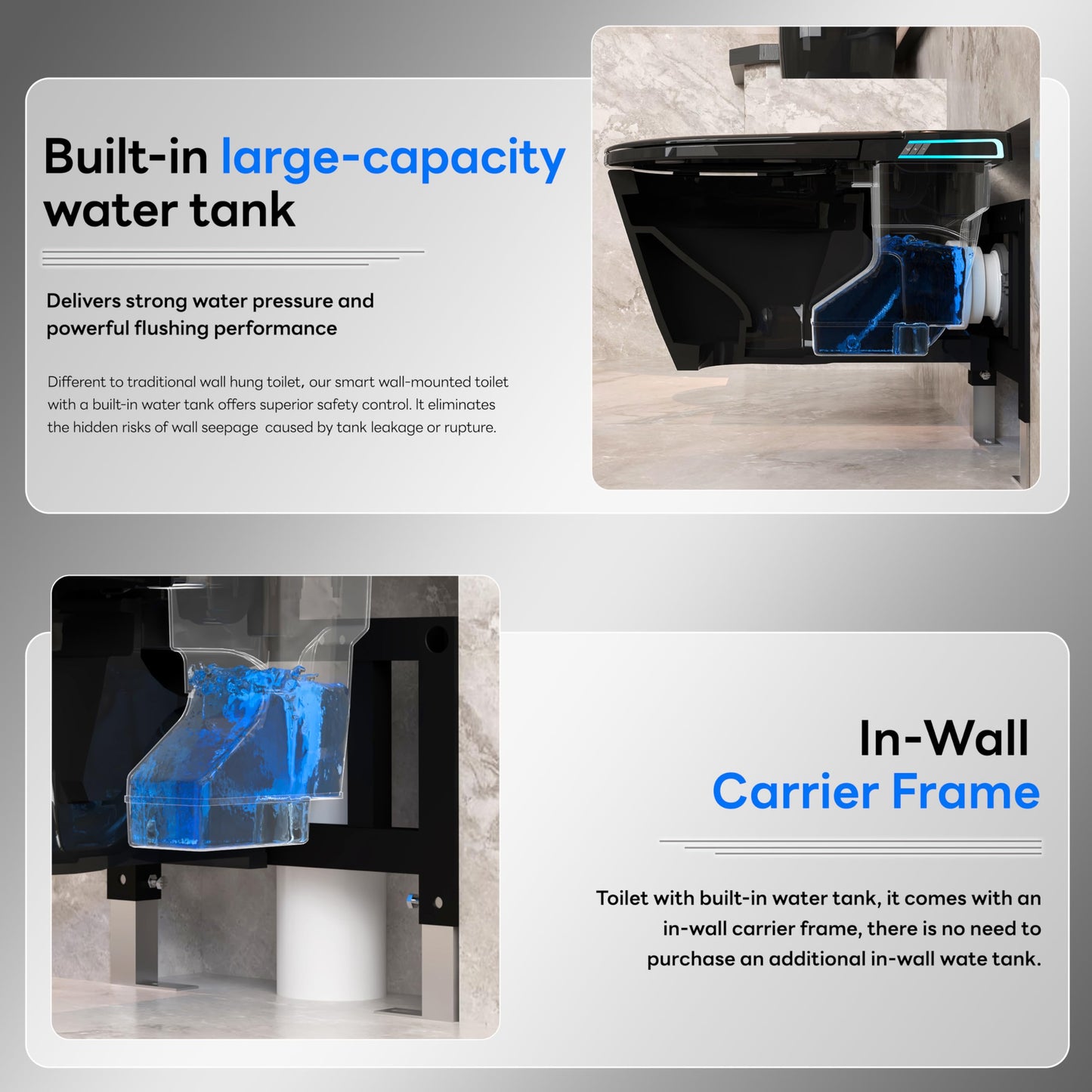 SmartSylva Black Smart Wall Hung Toilet Combo,Auto Flush, Auto Open/Close LId,Heated Seat,Warm Water/Dryer, Modern Elongated Bidet Toilet with In wall Carrier (No need to buy an additional Water Tank)