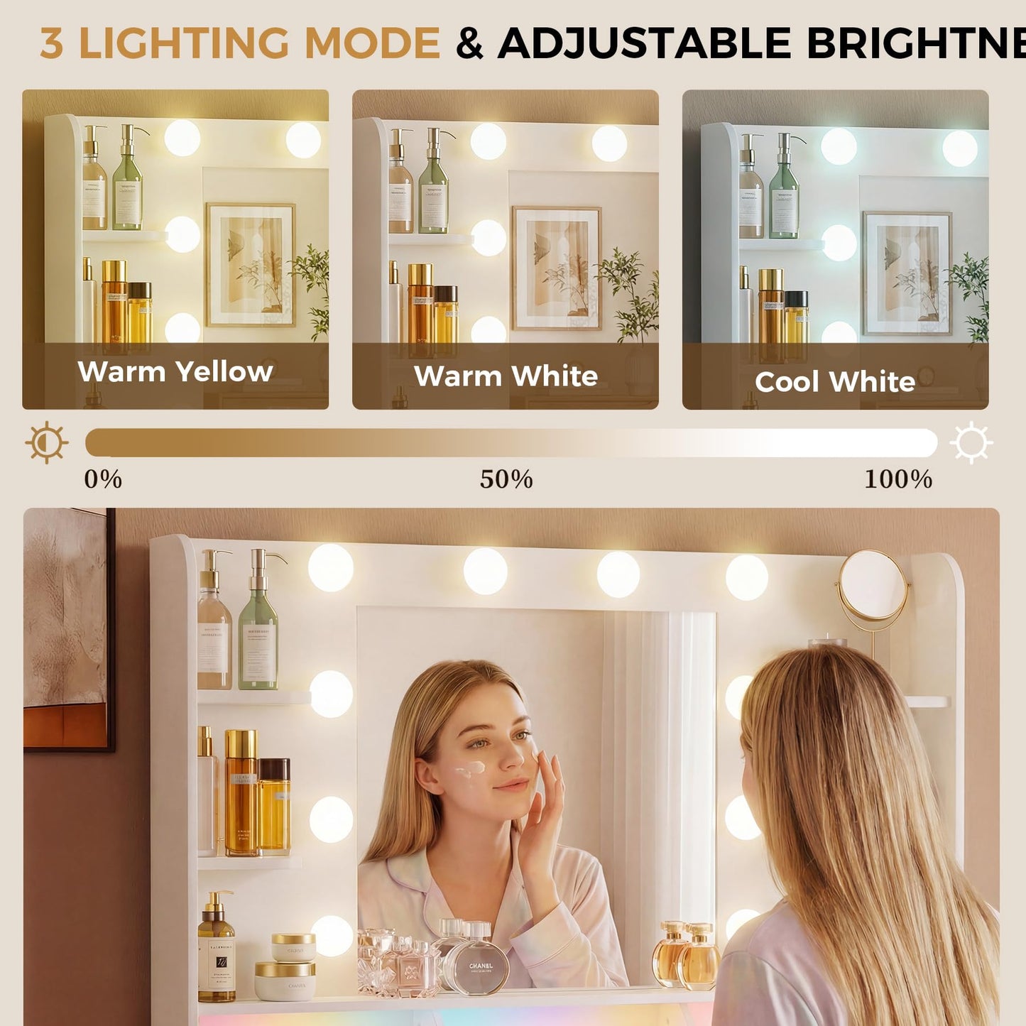 LUCKRACER Vanity Desk with LED Lights Mirror & Charging Station, White Makeup Vanity with Storage Drawers and Shelves, Modern Dressing Table for Women Girls Bedroom, White