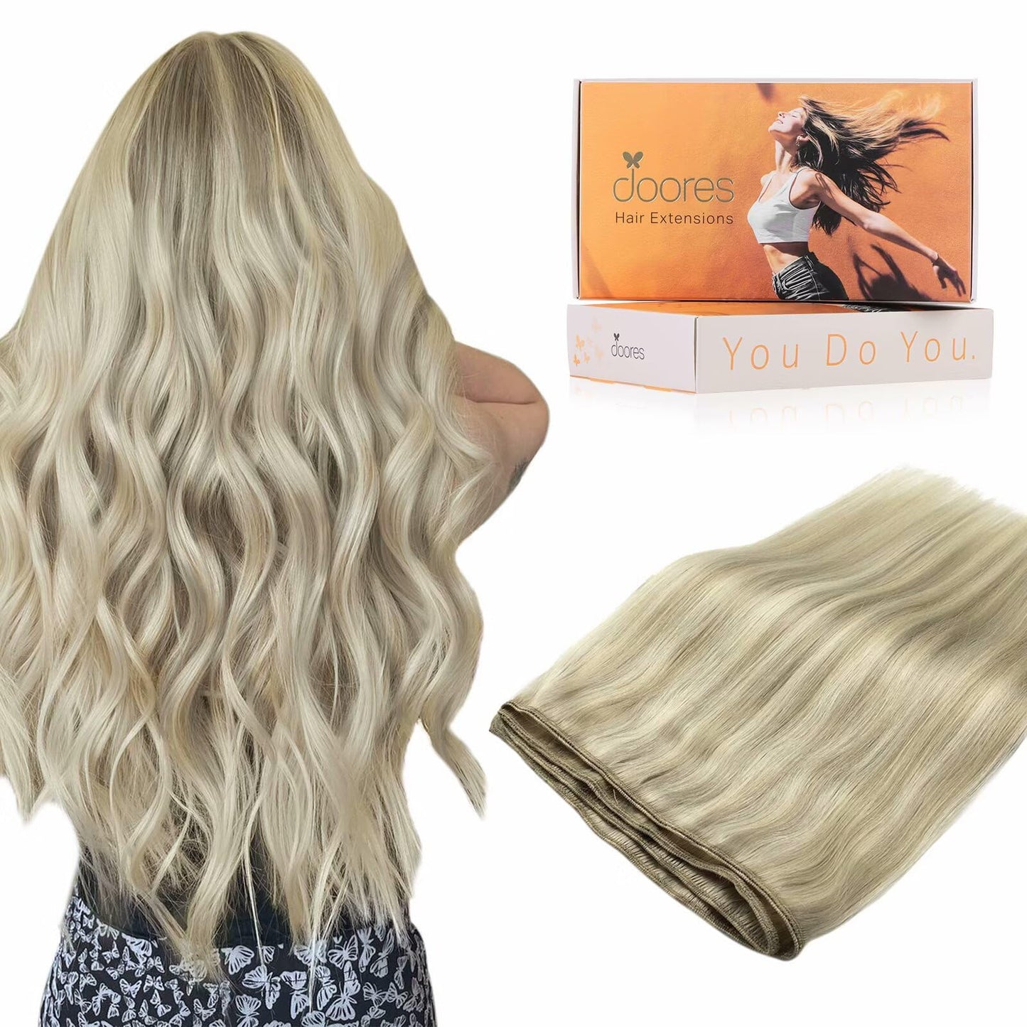 DOORES Sew in Hair Extensions Real Human Hair, Ash Blonde Highlighted Platinum Blonde 14 Inch 80g, Hand Tied Weft Extensions