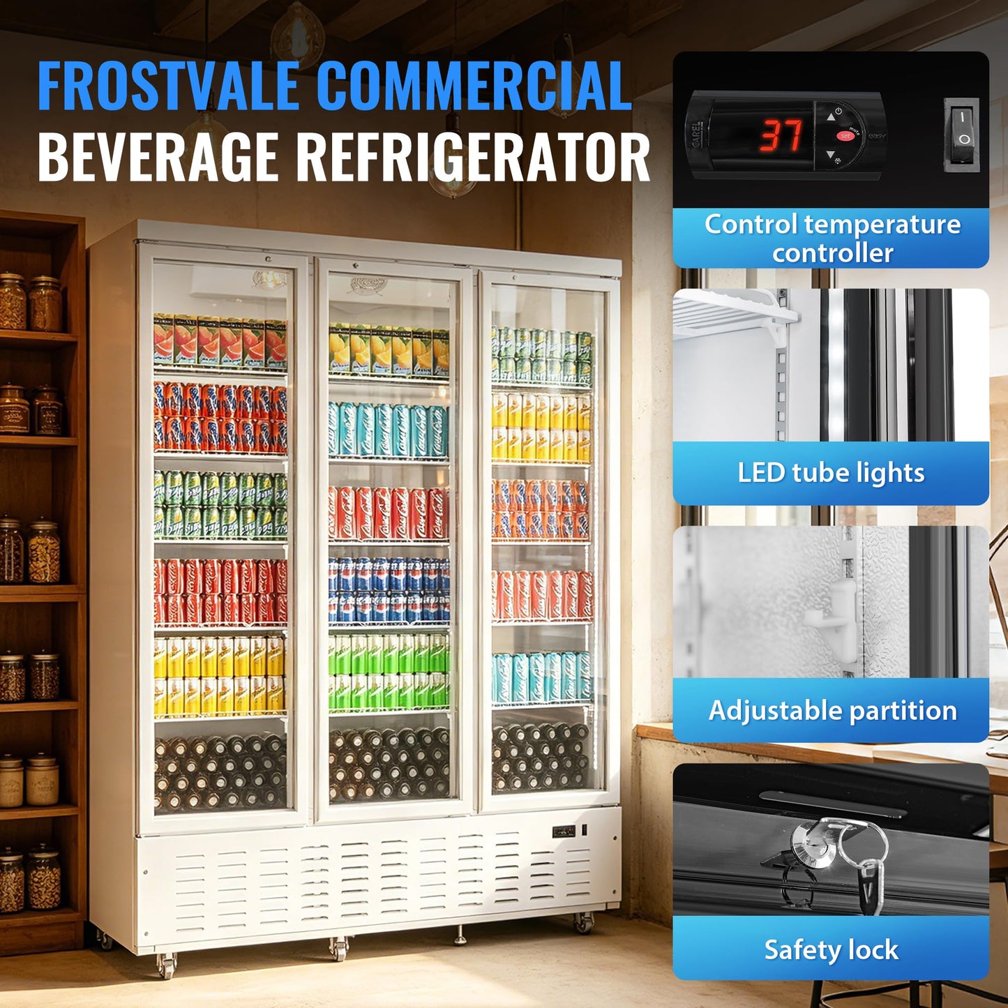 Frostvale 50 Cu.Ft Commercial Display Refrigerator, White 3 Glass Door Beverage Cooler, ETL Upright Merchandiser Fridge for Drinks, Soda, Beer, Water, Retail Store, Restaurant, Cafe, Office
