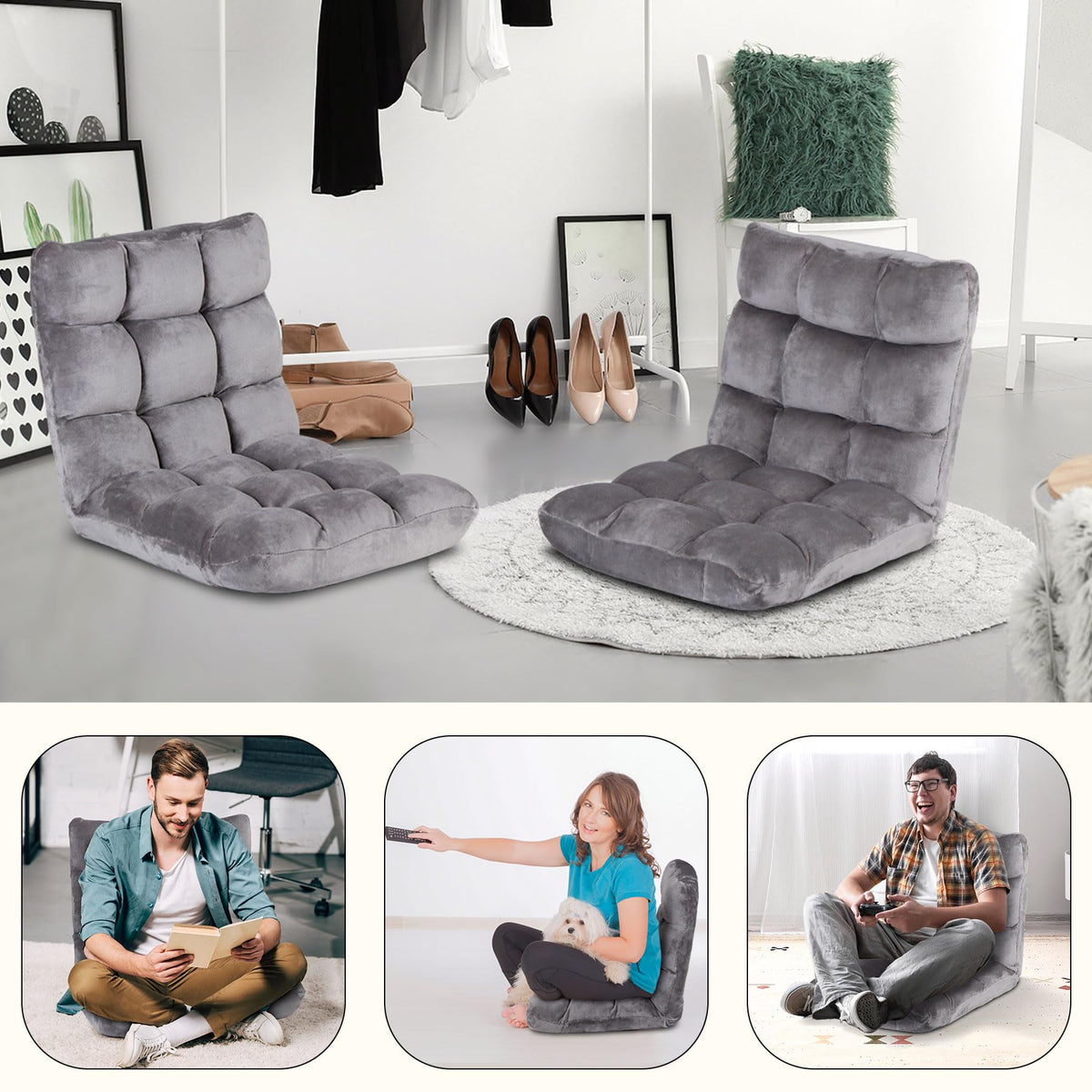 SUPER DEAL 14-Position Folding Floor Chair Gaming Sofa Cushioned Padded Reclining Bed Lounge Couch Seating for Comfy Reading, Reading, Gaming, Relaxing, Watching TV
