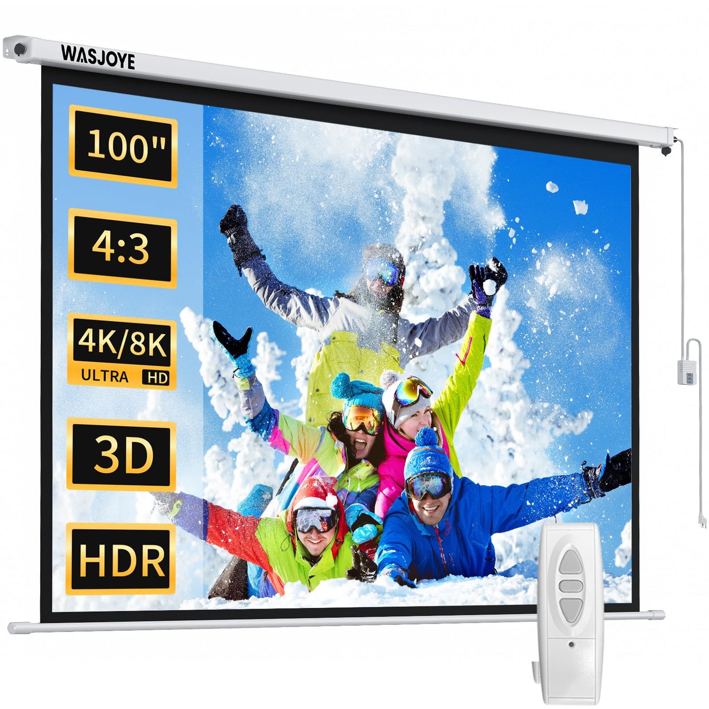 WASJOYE 100 Inch Motorized Projector Screen with Remote Control - 4:3 Electric Drop Down Projector Screen for Wall or Ceiling Mount, 8K HD & Dual Power Supply for Home Theater, Office, Gaming, School
