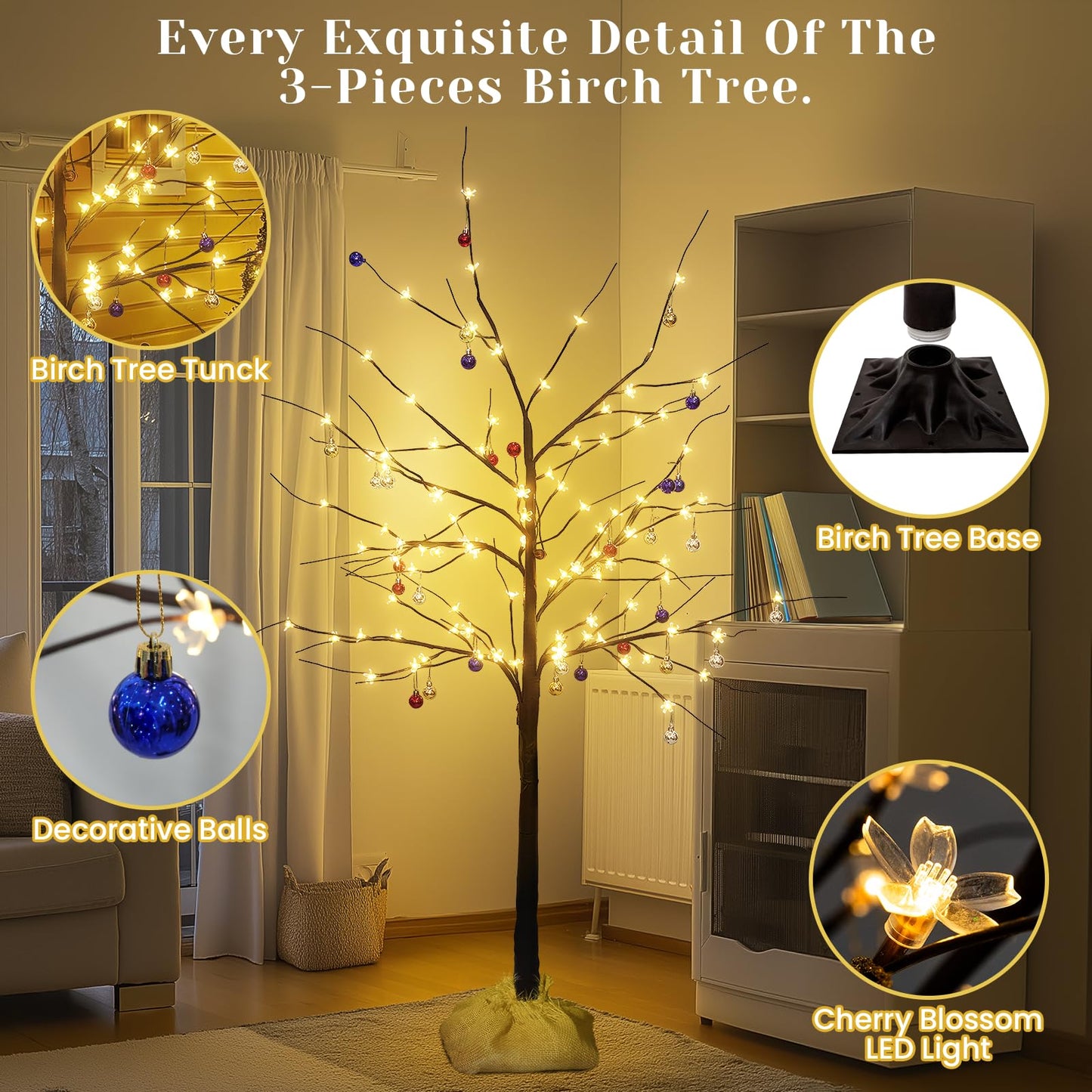 Lighted Birch Tree Set of 3, 4FT 5FT 6FT 200 LED Christmas Birch Tree with Decor Balls for Indoor Outdoor Home Christmas Easter Holiday Decoration