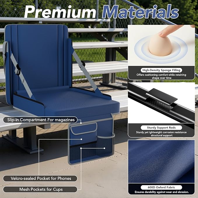 janiry Stadium Seats with Back Support 2PACKS Adjustable Bleacher Chairs with Back and Cushion Bleacher Seat with Cup Holder, Carry Handle & Shoulder Strap for Outdoor Sports Events, Picnics, Beaches