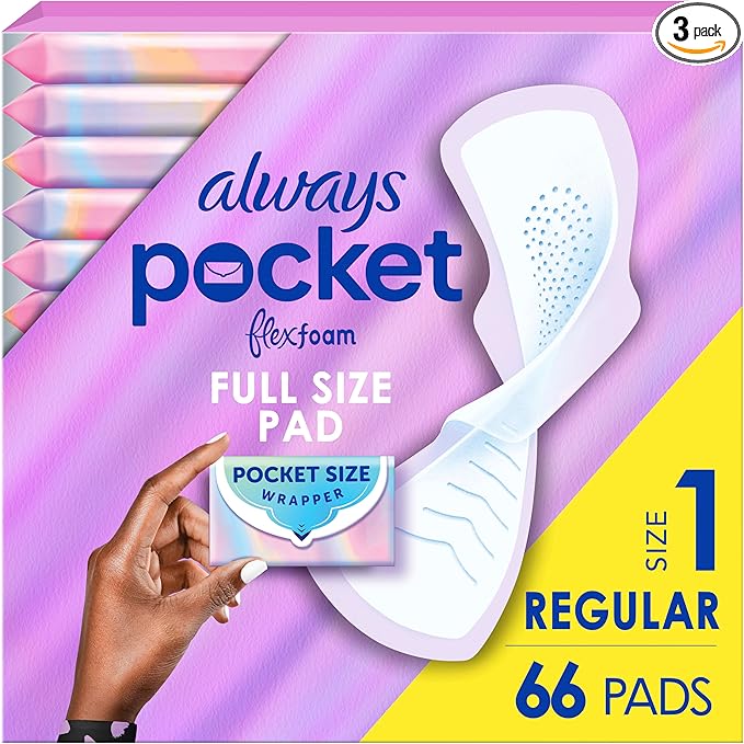 Always Pocket Feminine Pads with FlexFoam, Size 1, Regular, with Wings, Unscented, 66 Count (3 Packs of 22)