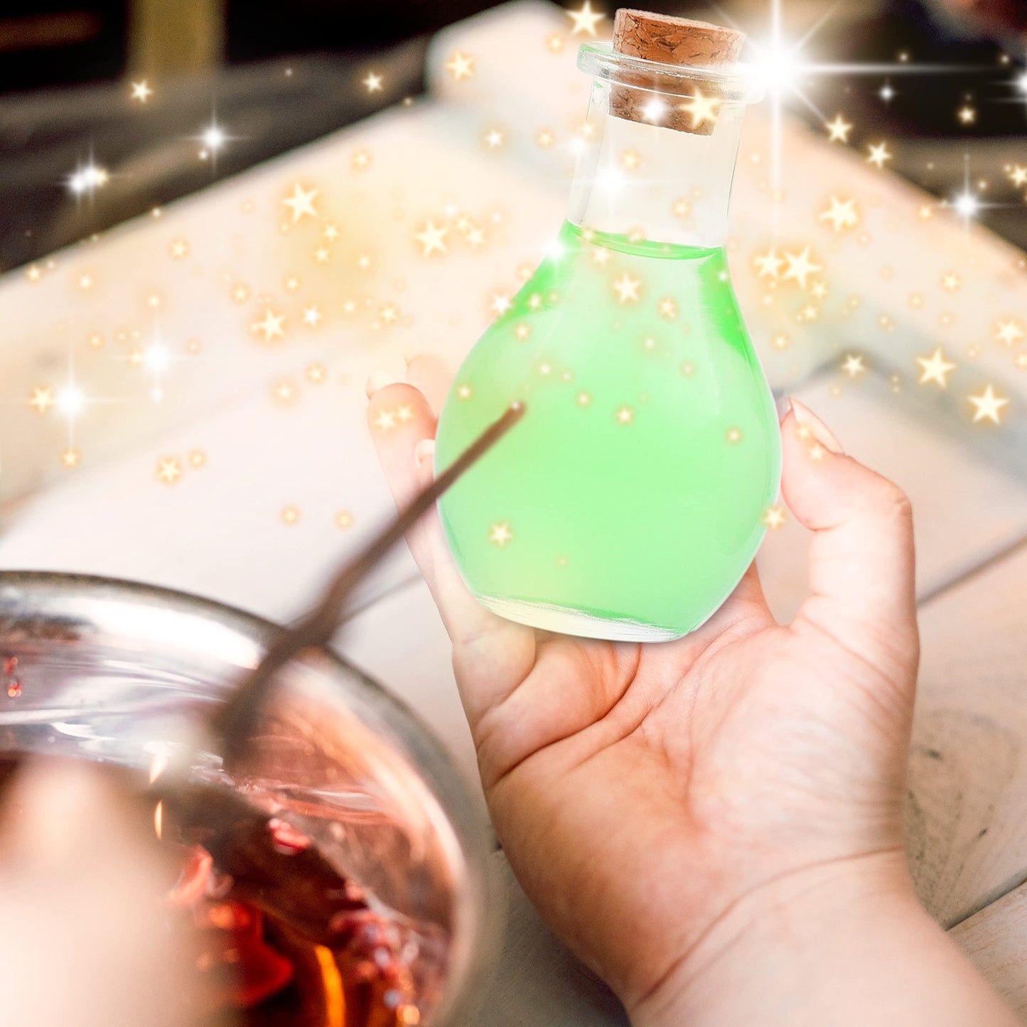 Eco-Fused Cosplay Potion Bottle 2x Small - Clear Spherical Cosplay, Wizard, Witch Costume Accessory - Incl. Cork Stopper, Black Faux Leather Sleeve Holder, Belt Loop