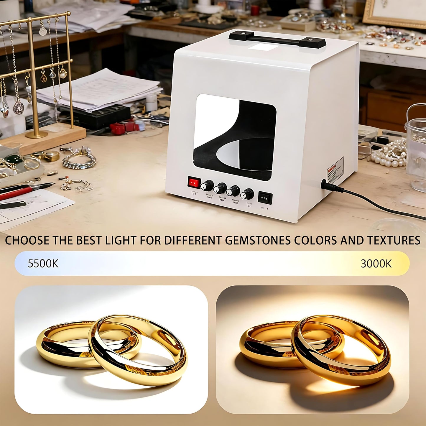 QIUNAOZI Professional Jewelry Photography Light Box Kit. Jewelry Photo Light Box, 4pcs Fill Lights, with 360° Electric Rotating Feature, Support Jewelry Hanging or Placing White-TB30