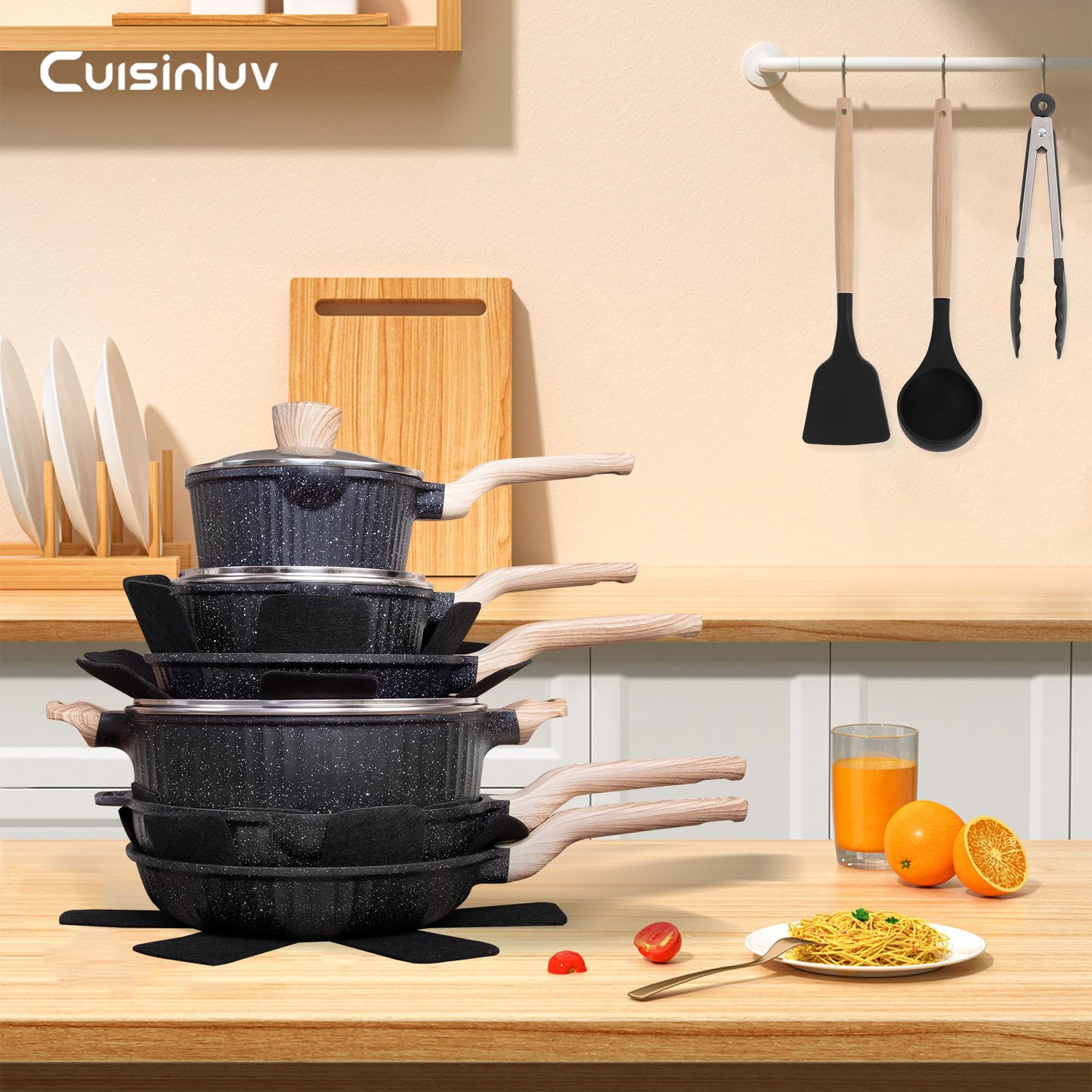 Cuisinluv Pots and Pans Set Non Stick, 17Pcs Kitchen Cookware Sets, Granite Stone Induction Cookware Non Stick Cooking Set w/Frying Pans, Saucepans, Sauté Pan (PFOA Free), Black