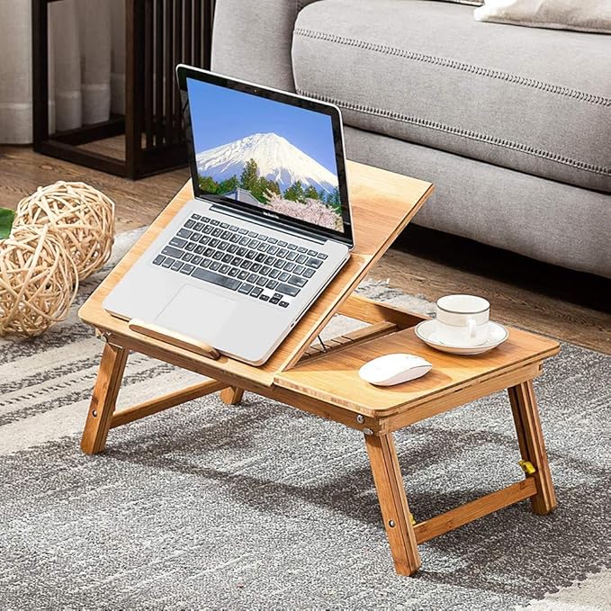 Easy Desk Bamboo Laptop Desk Laptop Table with USB Cooling Fan Adjustable Portable Breakfast Serving Bed Tray Foldable and Drawer, 22” Tilting Tray Top Surface