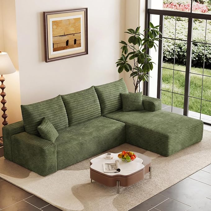 95" Cloud Sectional Couch with L-Shape Chaise, Modern Corduroy Boneless Couch for Living Room,Memory Foam Sofa with Deep Seat,No Assembly Required (Green,Right-Facing Chaise)