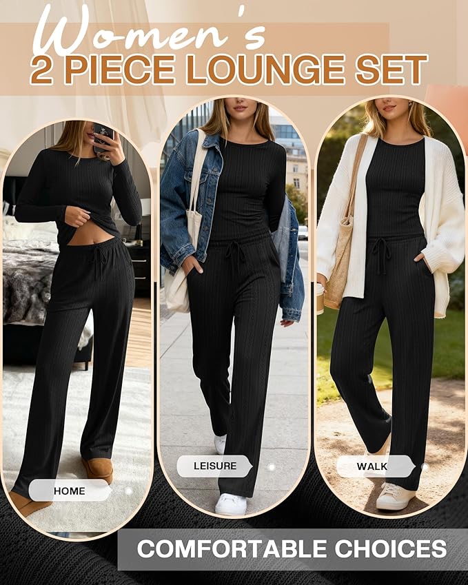 Evervibe Women's 2 Piece Lounge Set Long Sleeve Crew Neck Top Drawstring Wide Leg Pants Casual Tracksuit Matching Set