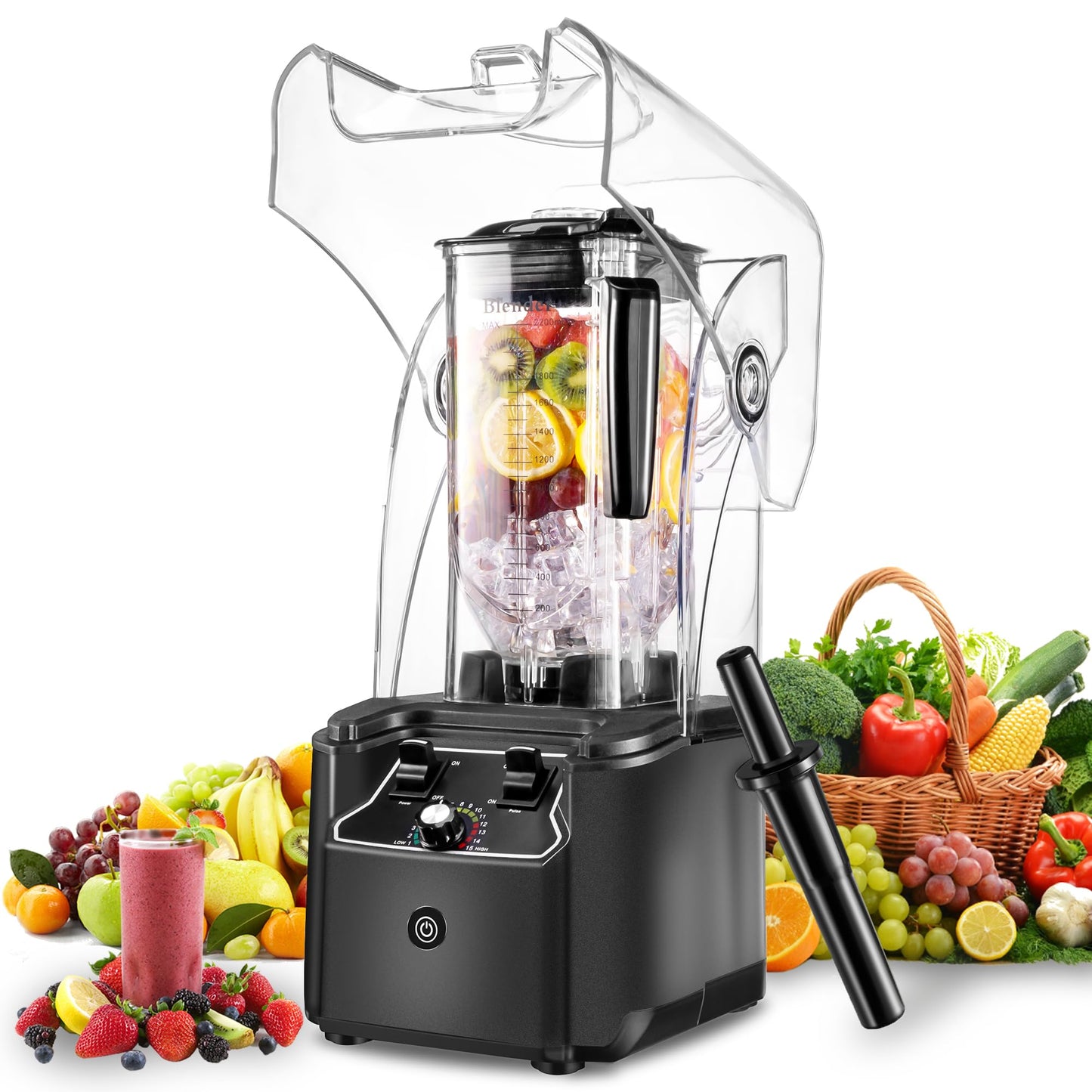 Commercial Blender for Smoothies, 2.5HP Motor, Stainless Steel Blade, 80oz Pitcher for Shakes, Smoothies, Ice Crushing, Frozen Drinks, 15 Speeds, Self-Cleaning, Grey