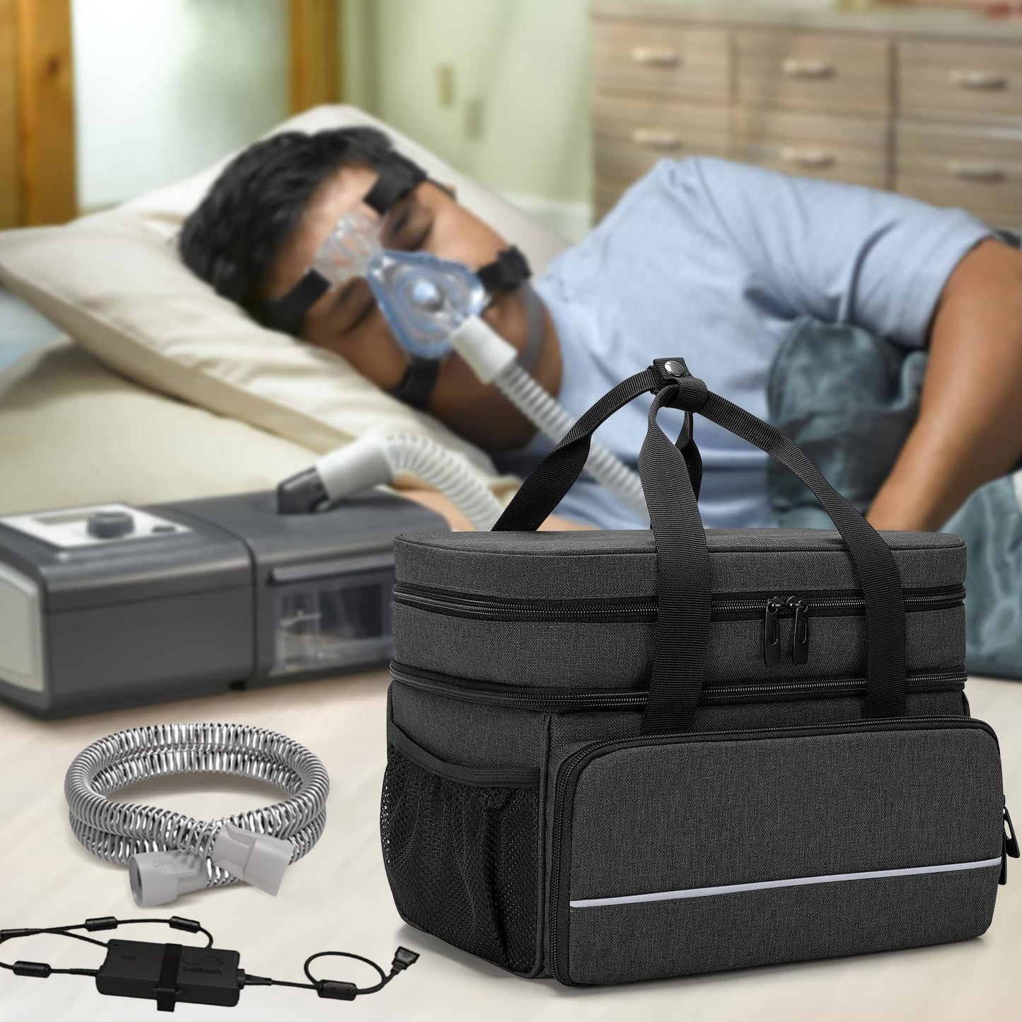 CURMIO CPAP Machine Travel Carrying Case Compatible with ResMed AirSense 11, AirSense 10, AirSense 10 elite, AirStart 10, Philips Dreamstation, 3B Medical Luna G3, and XT Fit, Black (Patented Design)