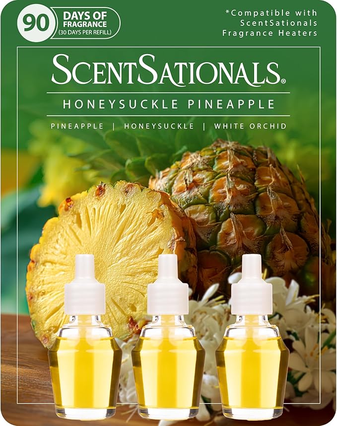 Scentsationals Fragrance Oil Plug In Air Freshener Refills 3-Pack - Honeysuckle Pineapple - Works with Scentsationals Wall Plugs, Long-Lasting Home Fragrance, 0.8 fl oz Each, Packaging May Vary
