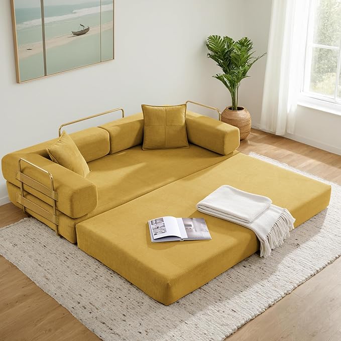 Convertible Couch Sofa Bed Foldable Floor Sleeper | Modern Fold Out Deep Seat Couch | Removable Backrest & Armrests | No Assembly Compression Sofa Sleeper for Living Room, Bedroom, Corduroy Yellow