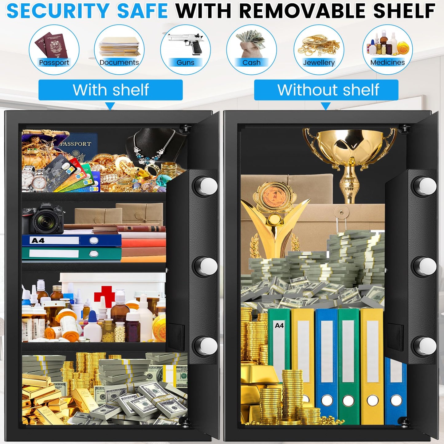 [23.6" Tall]Large Safe Box, 𝟒.𝟔 𝐂𝐮𝐟𝐭 Home Safes with Fireproof Waterproof Bag, Security Safes for Home with Programmable Keypad Key, Smart Alert, Mute Mode, Anti-theft Digital Safe for Valuables