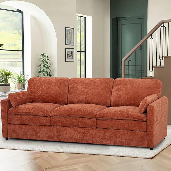 ACMEASE 89” Chenille Sofa w/Arm Pillows, Upholstered 3-Seater Sofa w/Comfortable Back Cushions, Modern 3 Seats Couch w/High-Density Foam for Living Room, Apartment, Office, Orange