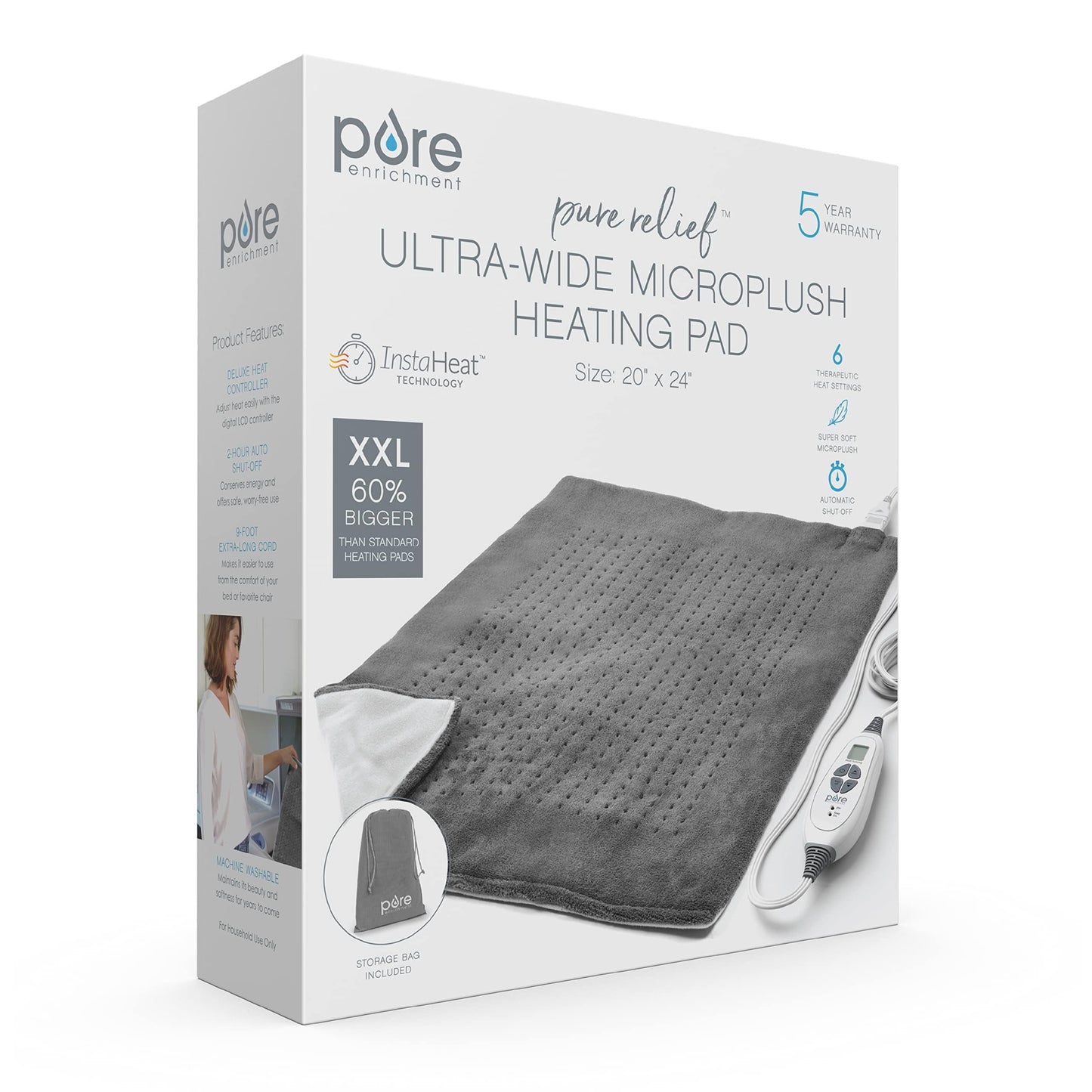 Pure Enrichment PureRelief Ultra-Wide Microplush Heating Pad - 20” x 24” XXL Size & 6 Heat Settings for Temporary Neck, Shoulder & Back Pain Relief - Moist Heat Option & Machine Washable (Gray)
