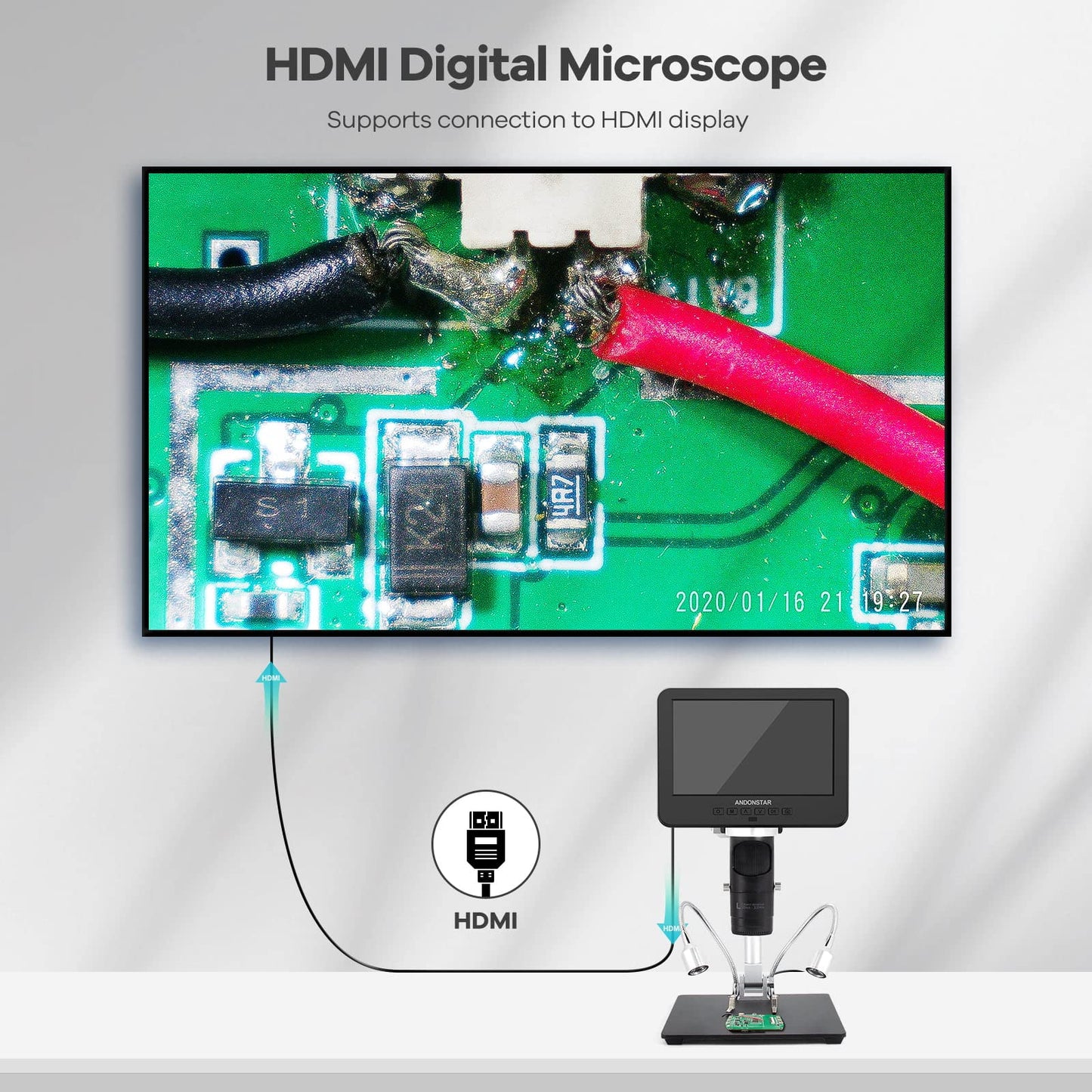 Andonstar Ad246S-M Hdmi Digital Microscope 2000X For Adults, 3 Lens 2160P Uhd Video Record, 7 Inch Lcd Soldering Microscope For
