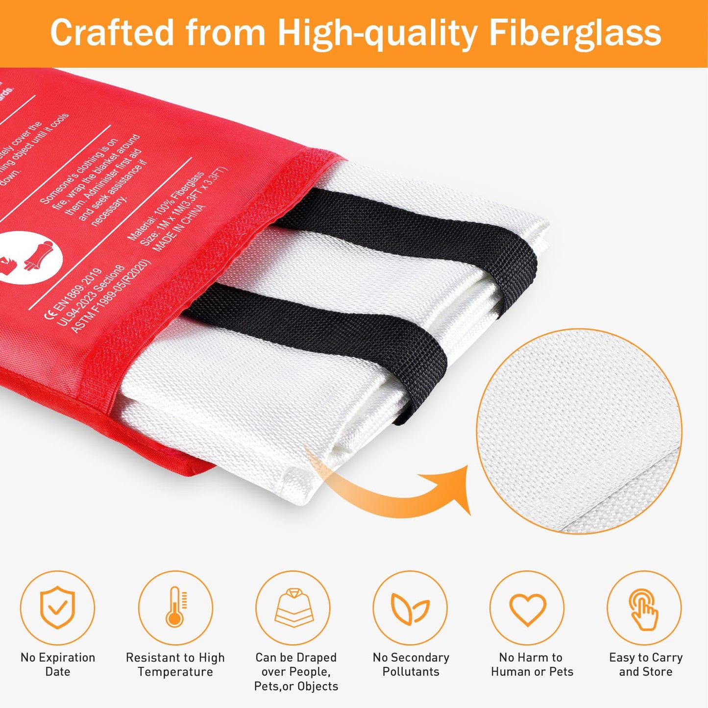 Mondoshop Fire Blanket for Home and Kitchen - Emergency Fire Suppression Blankets Fireproof Blanket Fire Retardant Blankets for Car, Fireplace, Camping, Picnic, Grill