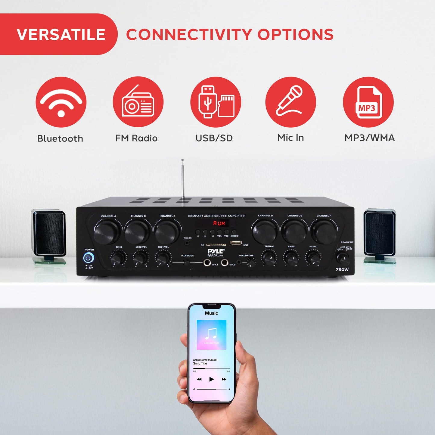 Pyle Bluetooth Wireless Home Amplifier System - Upgraded 6 Channel Audio, 750 Watt Power, Easy Karaoke, Stereo Receiver w USB-A, Micro SD, Headphone, 2 Microphone Input w/Echo, Talkover for PA