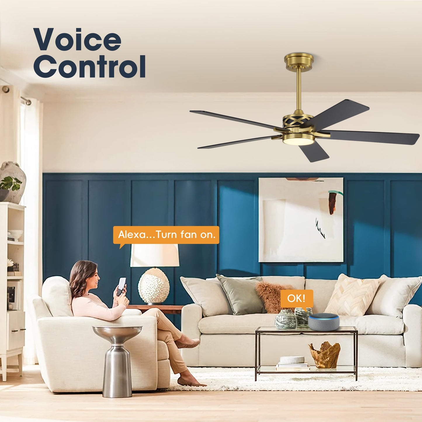 WINGBO 60" Smart Ceiling Fan with Lights and 3 Downrods, 5 Plywood Blades, 6 Speeds Reversible DC Motor, Works with Alexa and Google Assistant, 3CCT Dimmable LED Large Ceiling Fans, Brass and Black