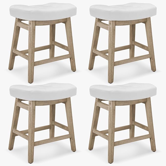 RNKSFX Counter Height Bar Stools Set of 4 for Kitchen Counter, Wooden Backless Island Barstools Farmhouse Modern Short Stools No Back with Faux Leather Saddle Seat 24 inch Counter Top Chairs, White
