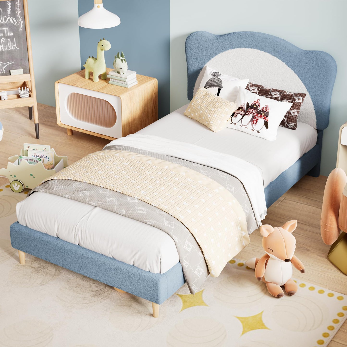 GarveeHome Upholstered Twin Bed Frame for Kids - with Adjustable Chic Scallop Headboard, Cute Velvet Princess Platform Bed for Girls/Kids, Solid Wood Slats Support, No Box Spring Needed, Blue + White