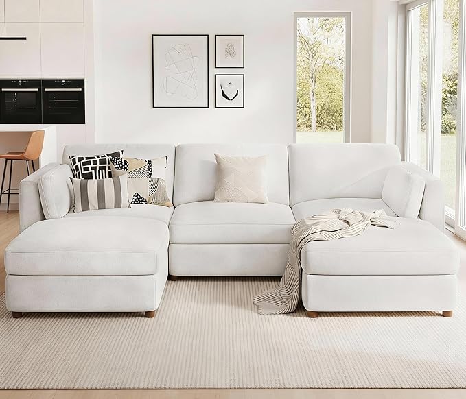 CUGOAO 118'' Modular Sectional Sofa, Oversized U-Shaped Sectional Couch with Ottoman, Deep Seat Chenille Cloud Couch, Mordern Upholstered Couches for Living Room, Apartment, Office, Beige