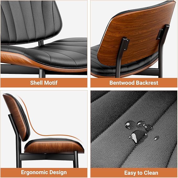 YaFiti Dining Chairs Set of 6, Dining Room and Kitchen Chairs, FSC Certified Mid Century Modern Accent Chair, Upholstered PU Leather Chairs for Vanity with Walnut Bentwood and Metal Legs, Black